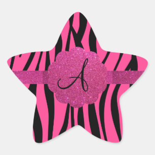 Pink zebra stripes monogram star sticker