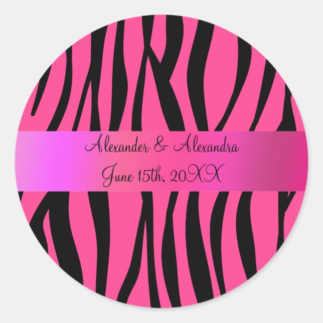 Pink zebra stripes wedding favours classic round sticker (Front)