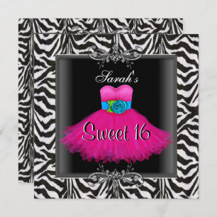 Pink Zebra Sweet Sixteen 16 Birthday Black Dress Invitation