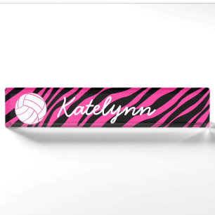 Pink Zebra Volleyball Monogram Desk Name Plate