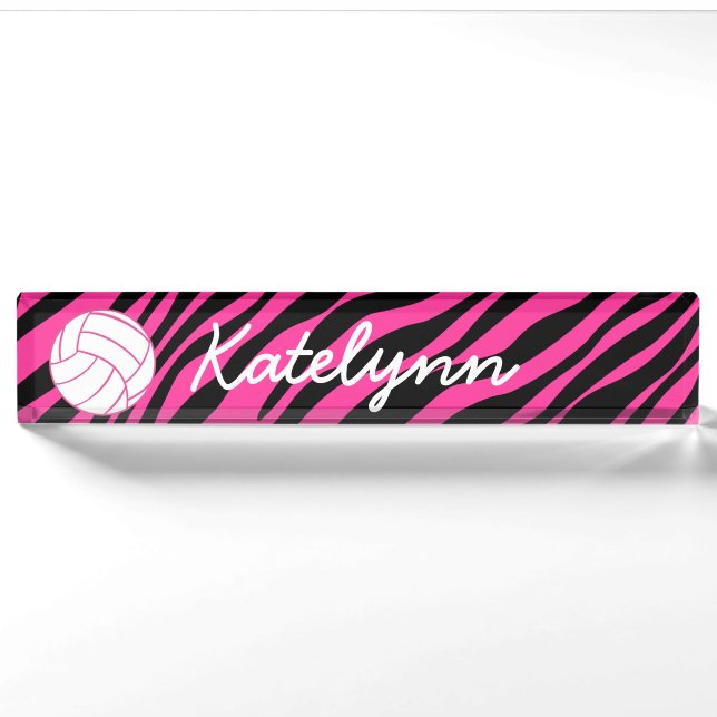Pink Zebra Volleyball Monogram Desk Name Plate (Front)