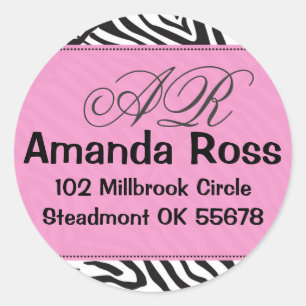 Pink Zebra with initials Classic Round Sticker