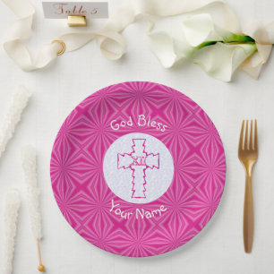 Pink Zig Zag Christian Cross on White Pink Name Paper Plate