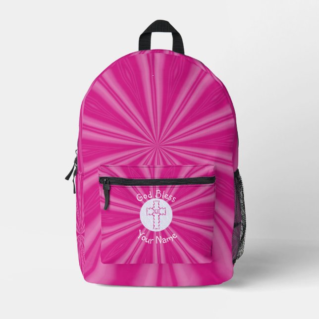 Pink Zig Zag Christian Cross Personalized Printed Backpack (Front)