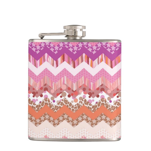 Pink zigzag background hip flask (Front)