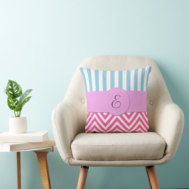 Pink Zigzag, Chevron, Blue Stripes, Monogram Throw Pillow (Chair)
