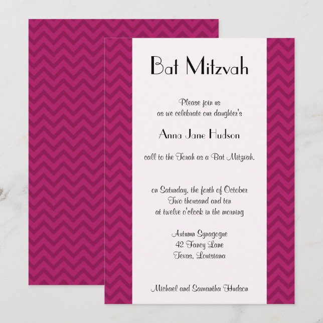 Pink Zigzag, Pink Chevron, Bat Mitzvah Invitation (Front/Back)