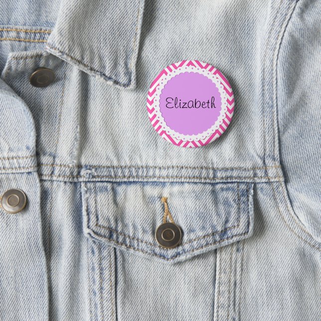 Pink Zigzag, Pink Chevron, Wave Pattern, Your Name 2 Inch Round Button (In Situ)