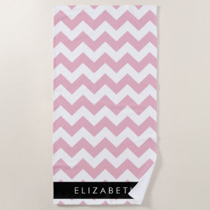Pink Zigzag, Pink Chevron, Wave Pattern, Your Name Beach Towel