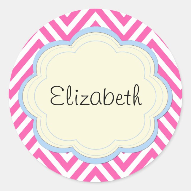 Pink Zigzag, Pink Chevron, Wave Pattern, Your Name Classic Round Sticker (Front)