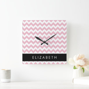 Pink Zigzag, Pink Chevron, Wave Pattern, Your Name Square Wall Clock