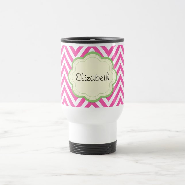 Pink Zigzag, Pink Chevron, Wave Pattern, Your Name Travel Mug (Center)