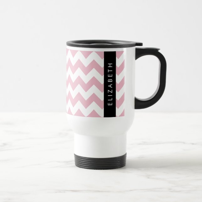 Pink Zigzag, Pink Chevron, Wave Pattern, Your Name Travel Mug (Right)