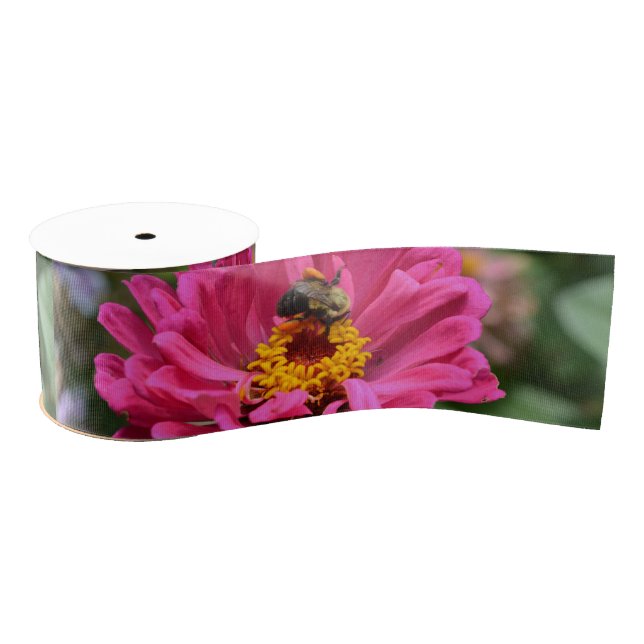 Pink Zinnia and Bumble bee Grosgrain Ribbon (Spool)