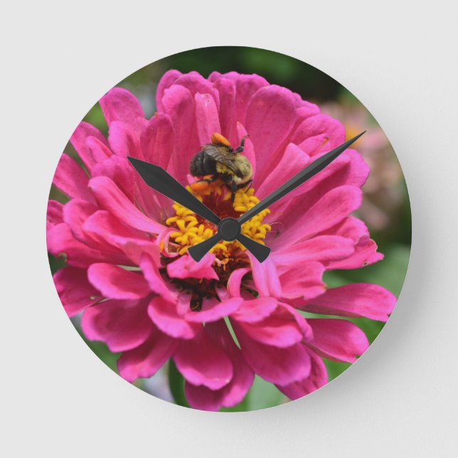 Pink Zinnia and Bumble bee Round Clock (Front)