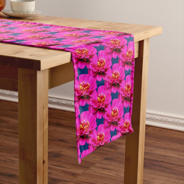 Pink Zinnia Daisy Flower Blue Background  Short Table Runner (In Situ)