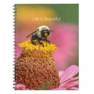 Pink Zinnia Flower Bee Garden (my photography) Notebook