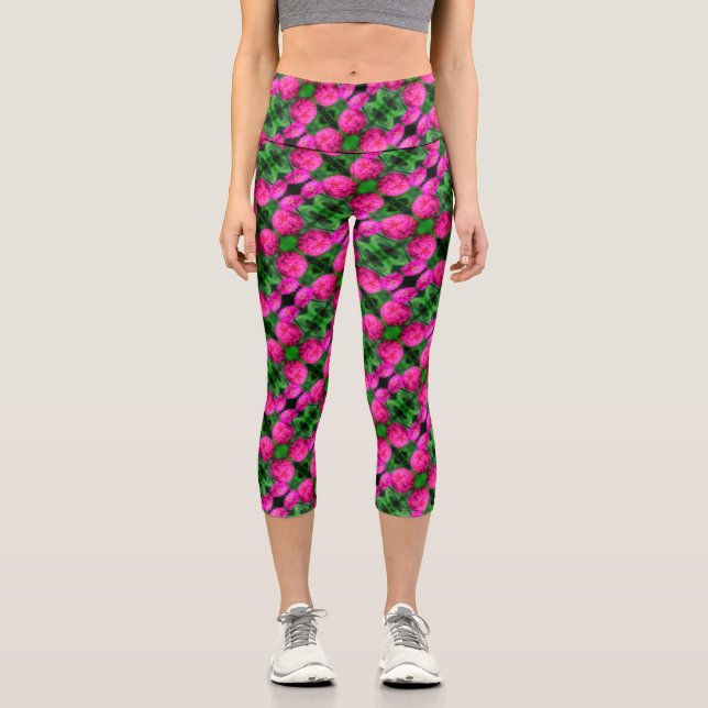 Pink Zinnia Flower Pair Close Up Abstract Pattern Capri Leggings (Front)