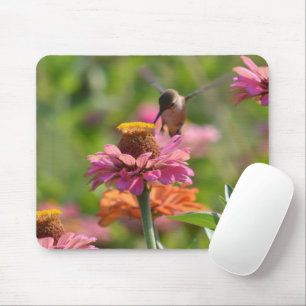 Pink Zinnia Flowers Hummingbird Photography Mouse Pad