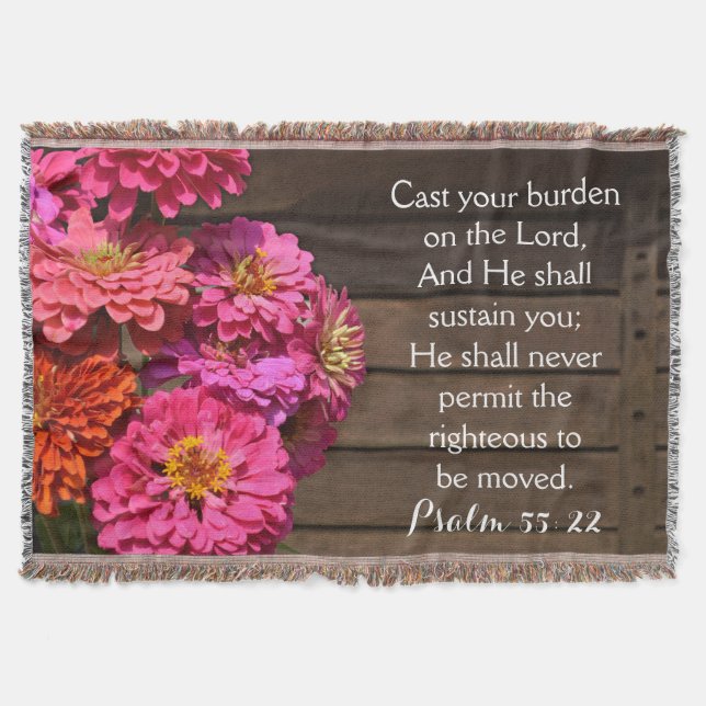 Pink Zinnia Psalm Bible Cast Your Burden Christian Throw Blanket (Front)