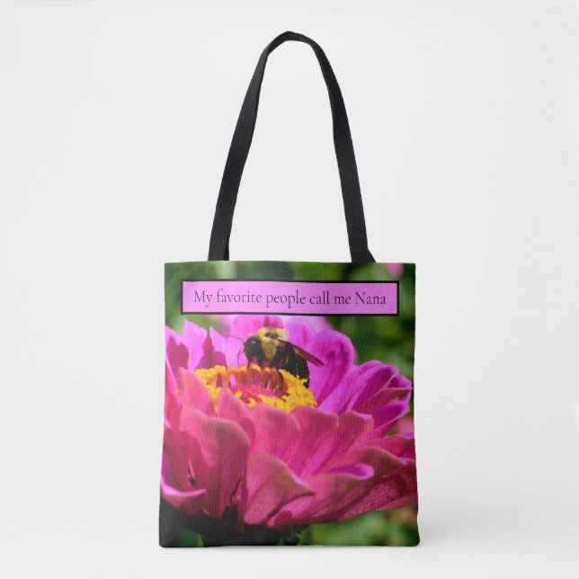 Pink zinnia with bumblebee, pink flowers, cute bee tote bag (Front)