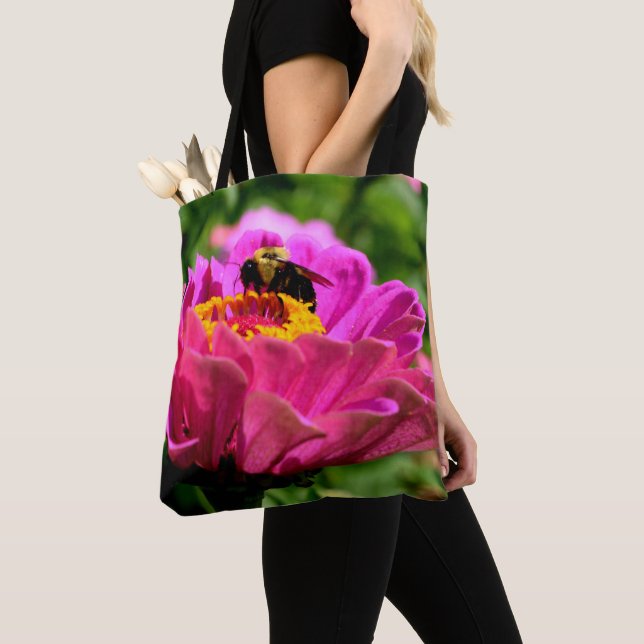Pink zinnia with bumblebee, pink flowers, cute bee tote bag (Close Up)
