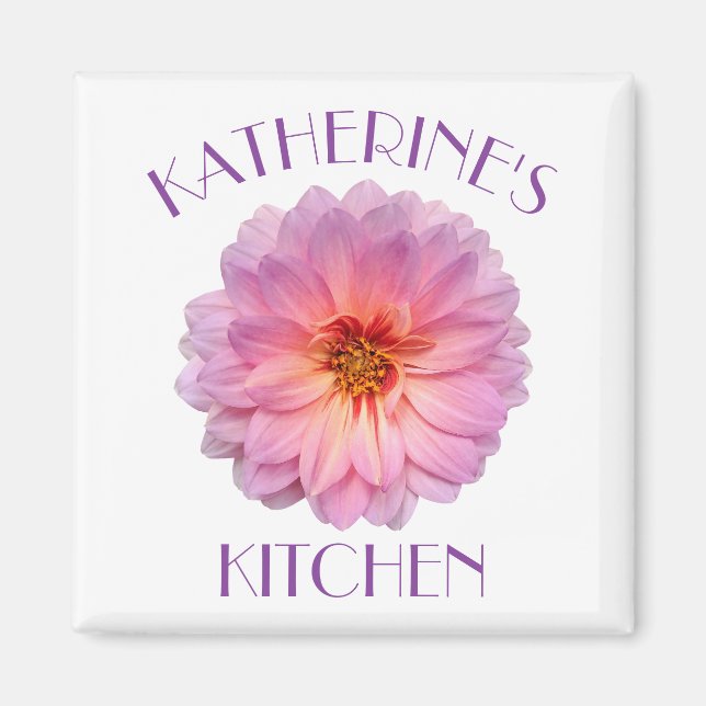 Pink Zinnia with Custom Name Kitchen Magnet (Front)