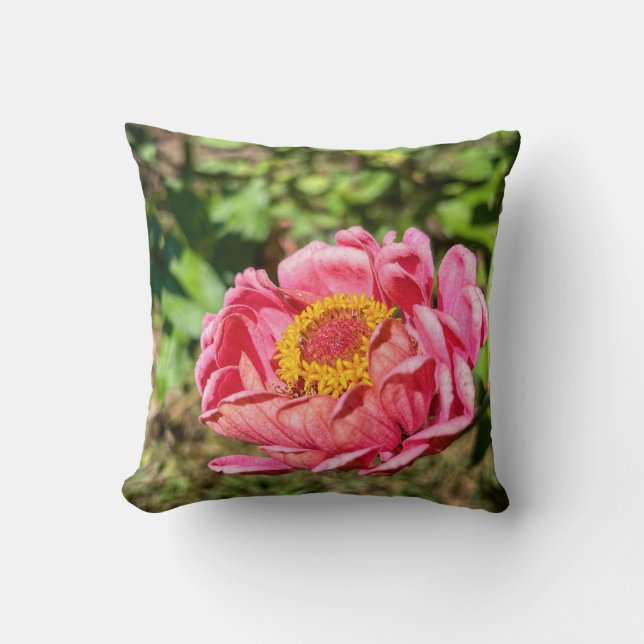 Pink Zinnia with Yellow Centre Throw Pillow (Front)