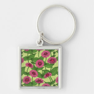 Pink Zinnias on light green Keychain