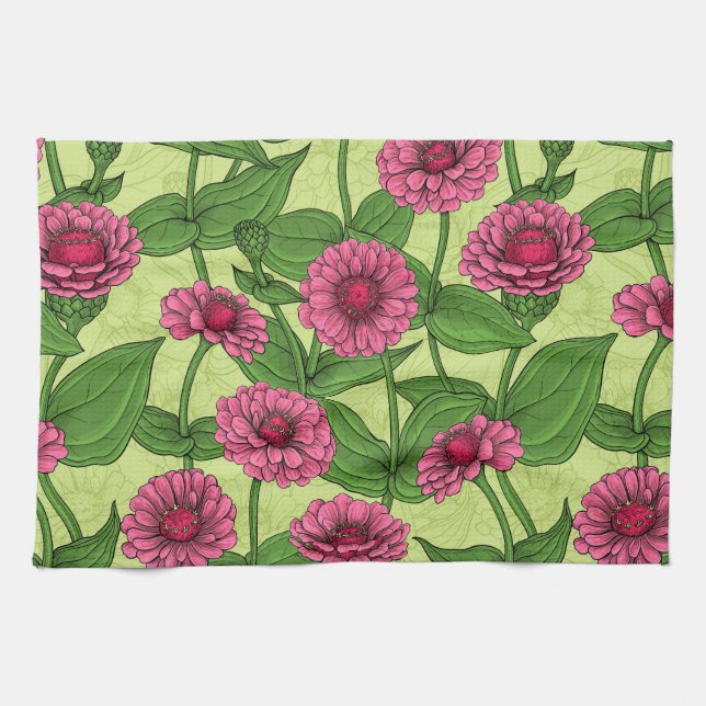 Pink Zinnias on light green Kitchen Towel (Horizontal)