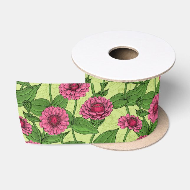 Pink Zinnias on light green Satin Ribbon (Spool)