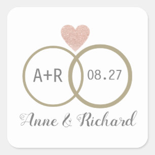 pinkish love heart & wedding rings personalized square sticker