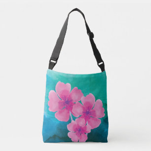 Pinkish Watercolor Flowers With Blue Green Base Crossbody Bag