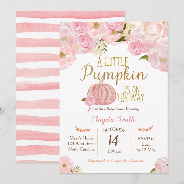 PinkPumpkin Baby Shower Invitation Gold Glitter (Front/Back)