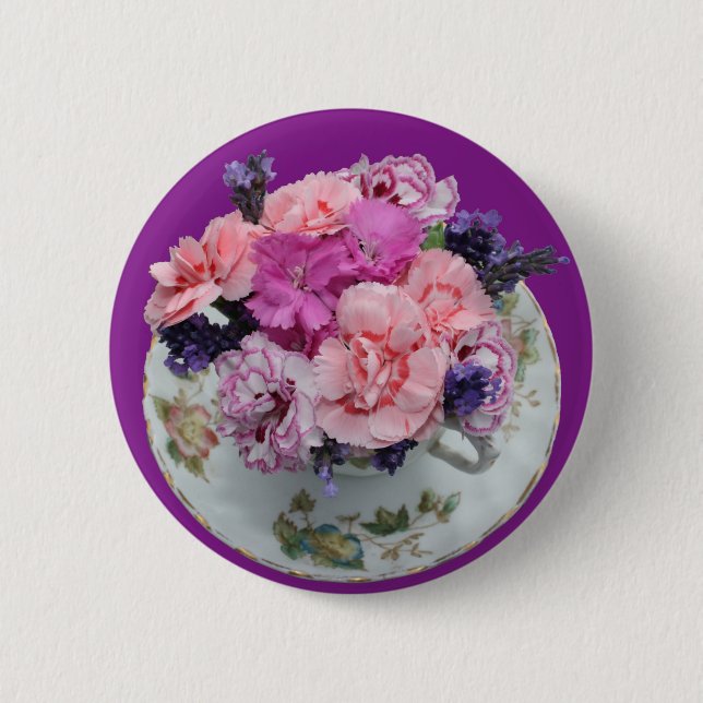 Pinks carnations in teacup 2 inch round button (Front)