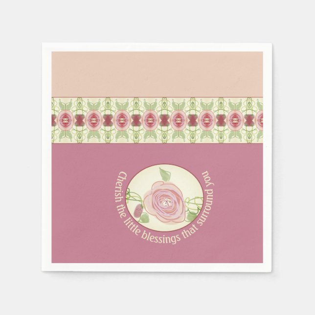Pinks Greens and Cream Pattern Accented Napkin (Front)