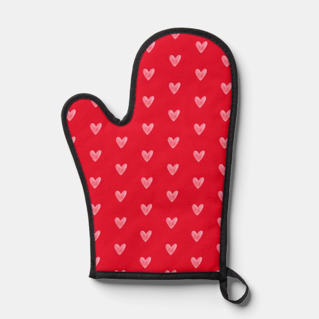 Pinky Red Heart Pattern on Red Oven Mitt (Front)