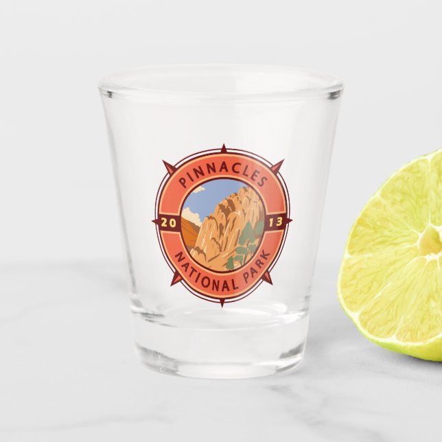 Pinnacles National Park Retro Compass Emblem Shot Glass (Front)