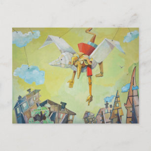 Pinocchio on pigeon. postcard