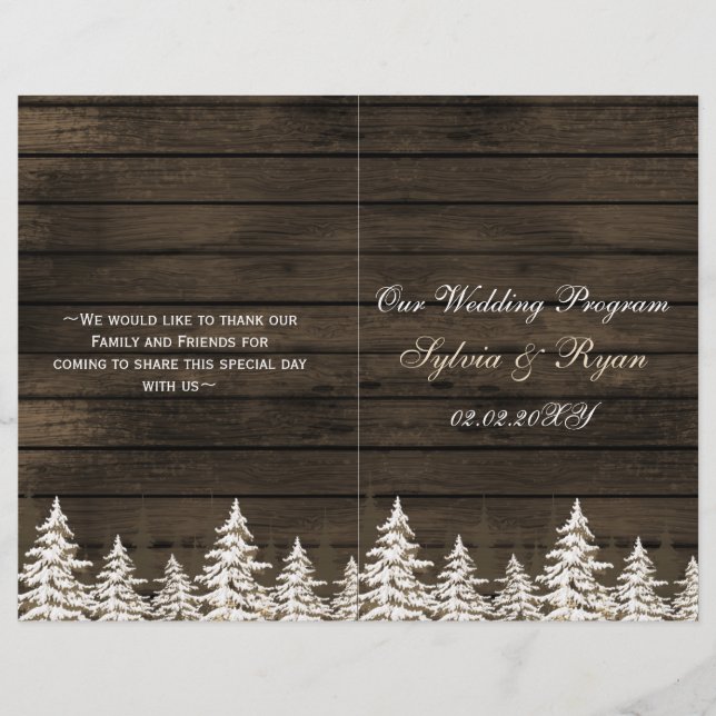 Pins de pin de bois, programme de mariage d'hiver  (Devant)