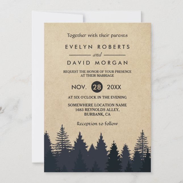 Pins Rustiques Kraft Hiver Mariage Invitation (Devant)