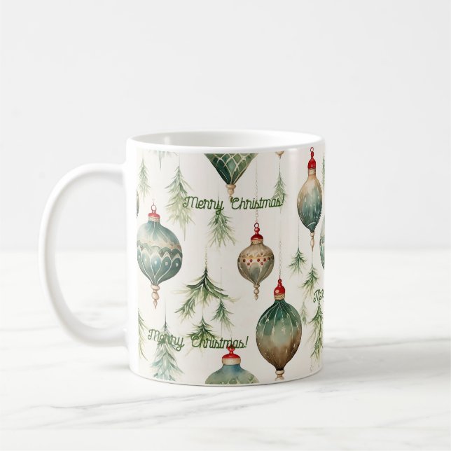 Pins verts festifs et ornements Mug de vacances (Gauche)