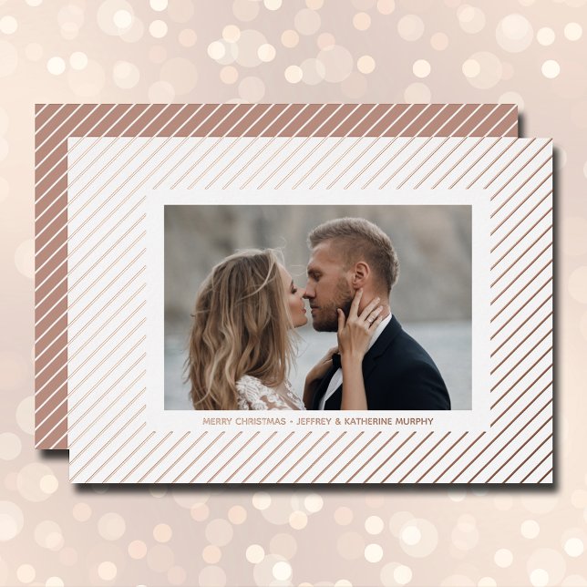 Pinstripe Christmas Photo Rose Gold Foil Holiday Card (Creator Uploaded)