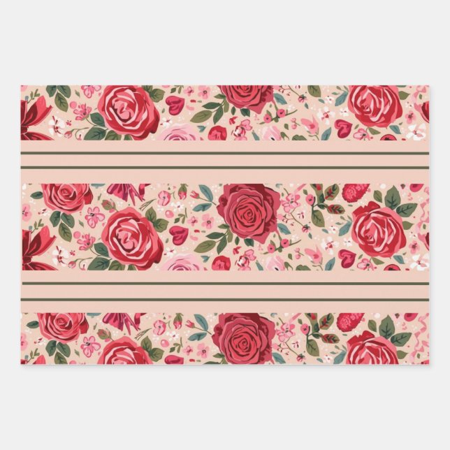 Pinstripe Pink Roses Wrapping Paper Sheet (Front)