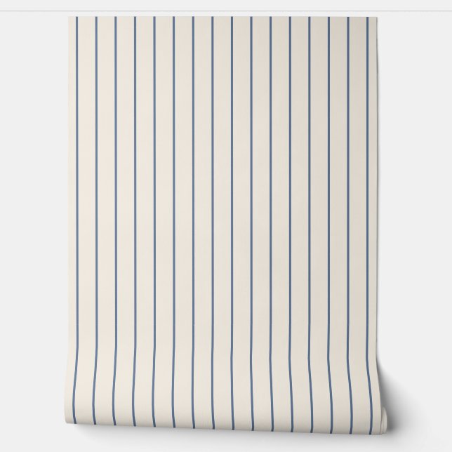 Pinstripes Blue on Ecru Seamless Pattern Wallpaper (Unrolling)