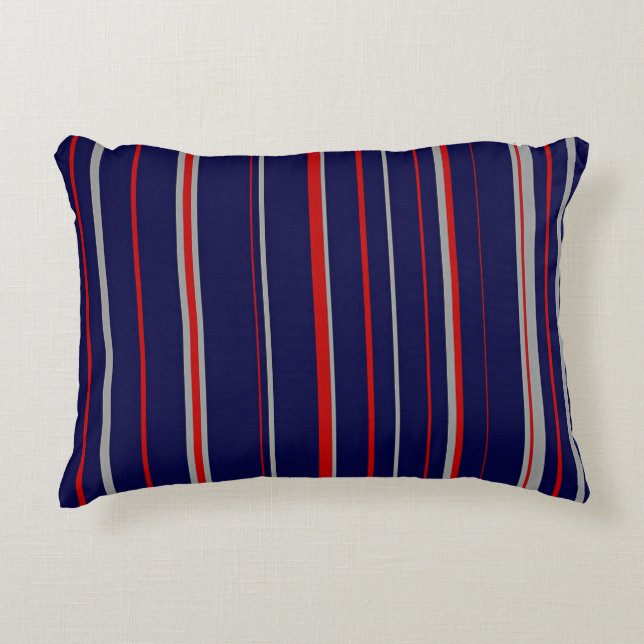 Pinstripes, colours red, navy, grey accent pillow (Front)