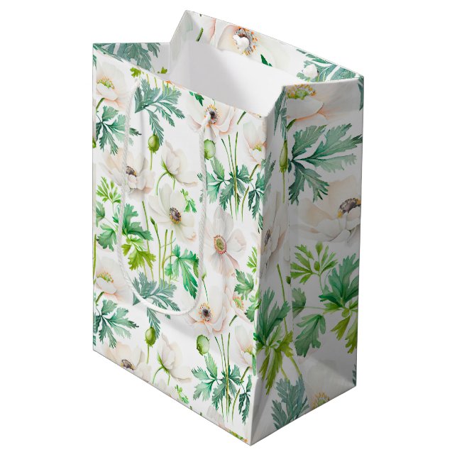 Pinted white anemone flowers on cream  medium gift bag (Front Angled)