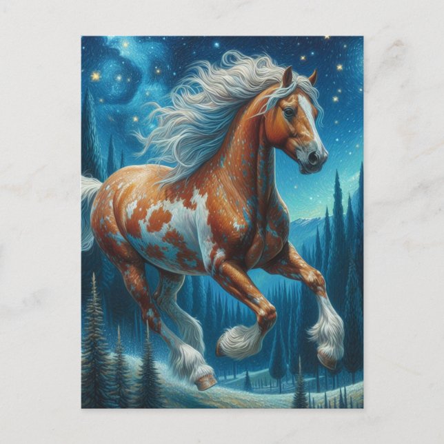 Pinto Horse in Van Gogh Starry Night Forest Postcard (Front)