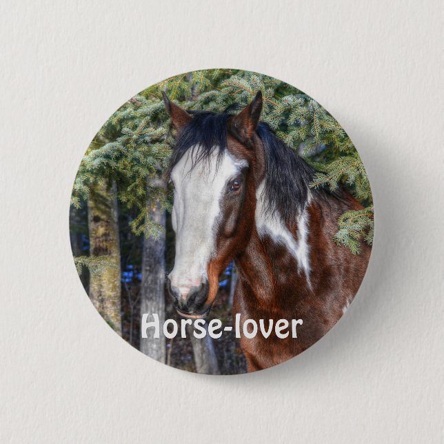 Pinto Paint Stallion & Evergreen Trees 2 Inch Round Button (Front)