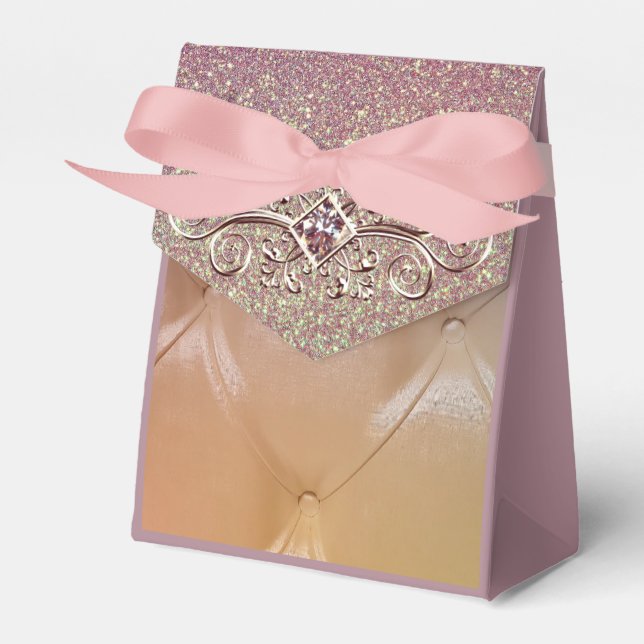 Pintuck satin pink diamond glitter look favour box (Front Side)